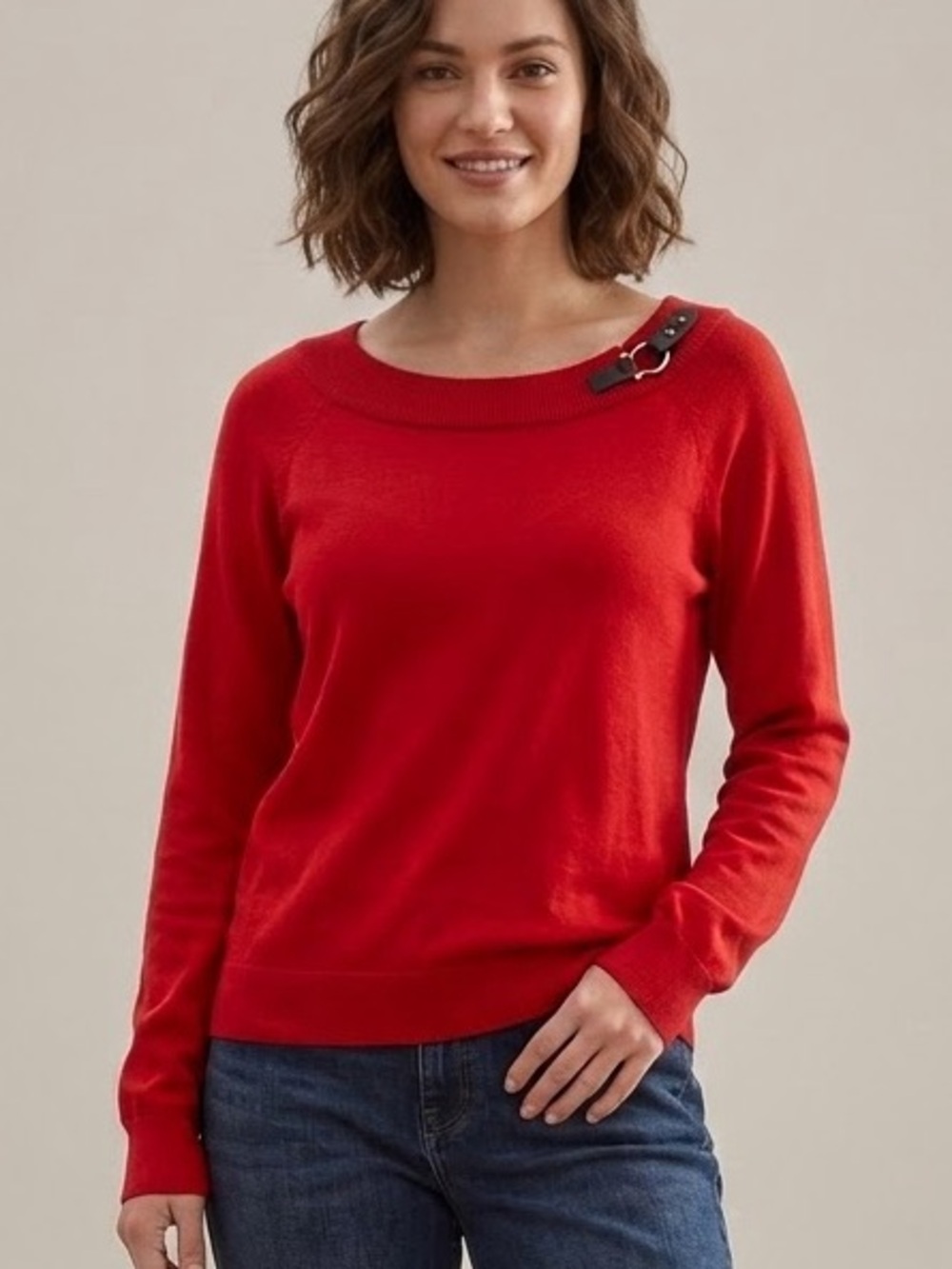 RALPH LAUREN Red Cotton Knit Pullover Sweater Boat Neck Leather Buckle Womens XL
